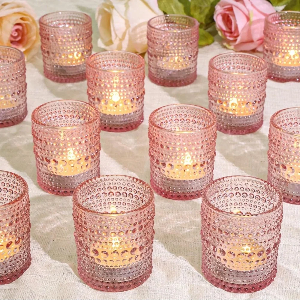 3 Vintage inspired Pink Glass Candle Holders‎